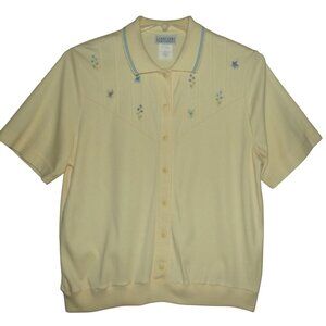 Jantzen Knit Shirt Womens Medium Yellow Pullover embroidered beaded flowers band